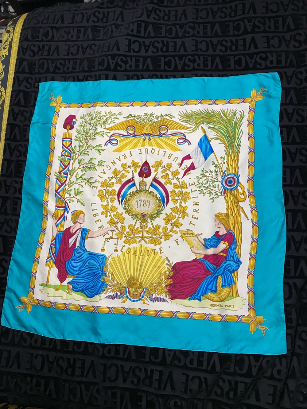 ⁠HERMÈS Vintage 1789 République Française Silk Scarf 35x35 Turquoise⁠